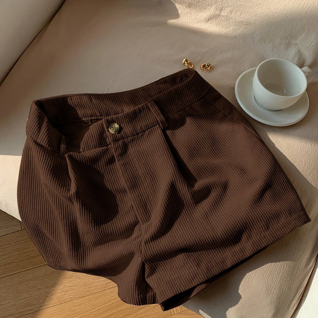 TEMU Women' Corduroy High-waist Shorts - A-line Solid Brown Shorts Suitable For Spring Summer Fall, Machine Washable Corduroy Pants For Casual To