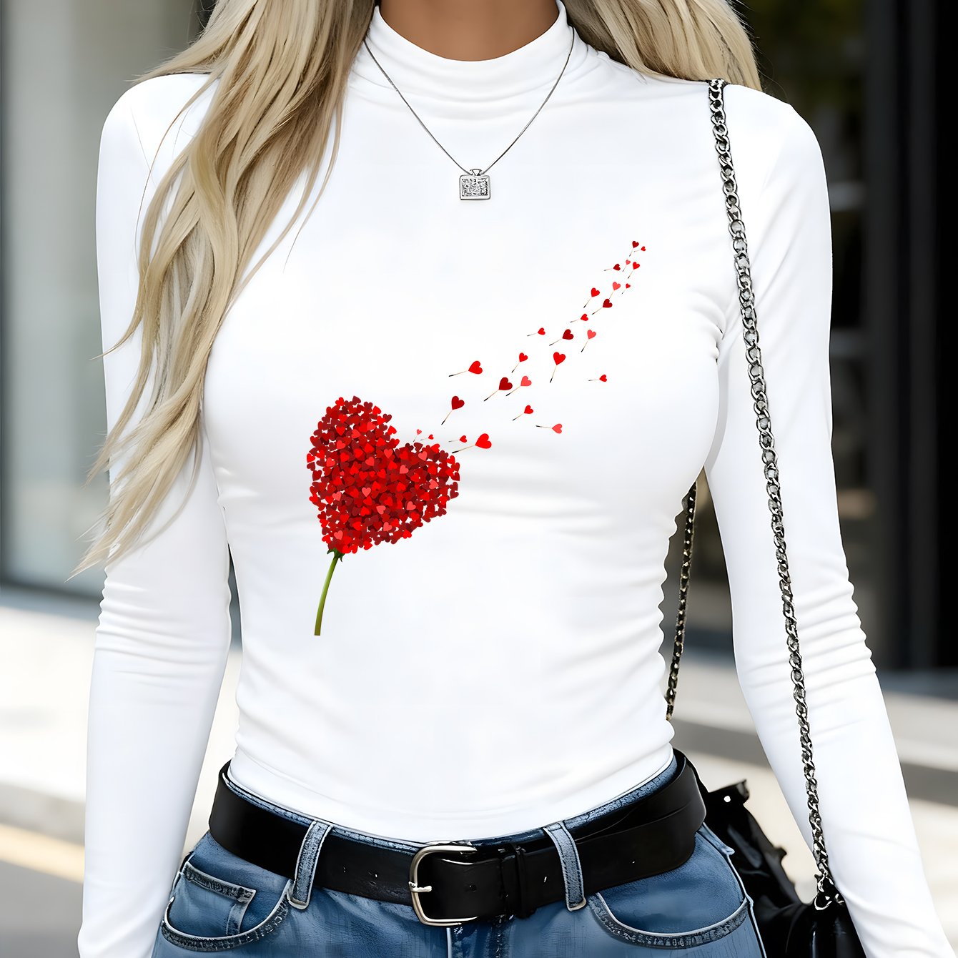 TEMU Damen Herbst Winter Y2K Casual Figur-Flatternder Basis Casual Langarm Thermal Top, Valentinstag Herzförmiger Ballon und Roter Herzförmiger