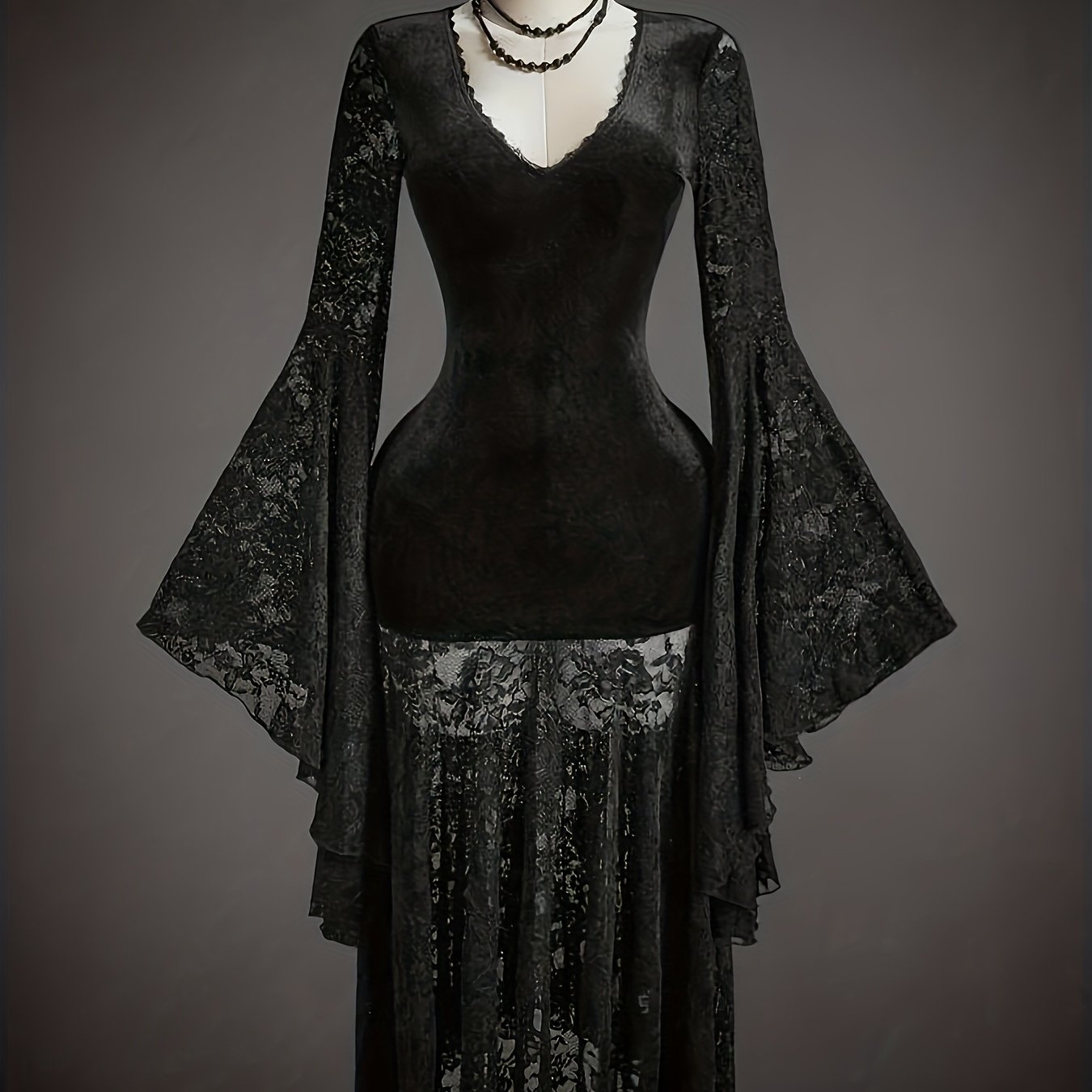 TEMU Robe longue maxi pour femme, style sorcière gothique vintage, en velours et dentelle patchwork, avec col en V, manches longues évasées, coupe