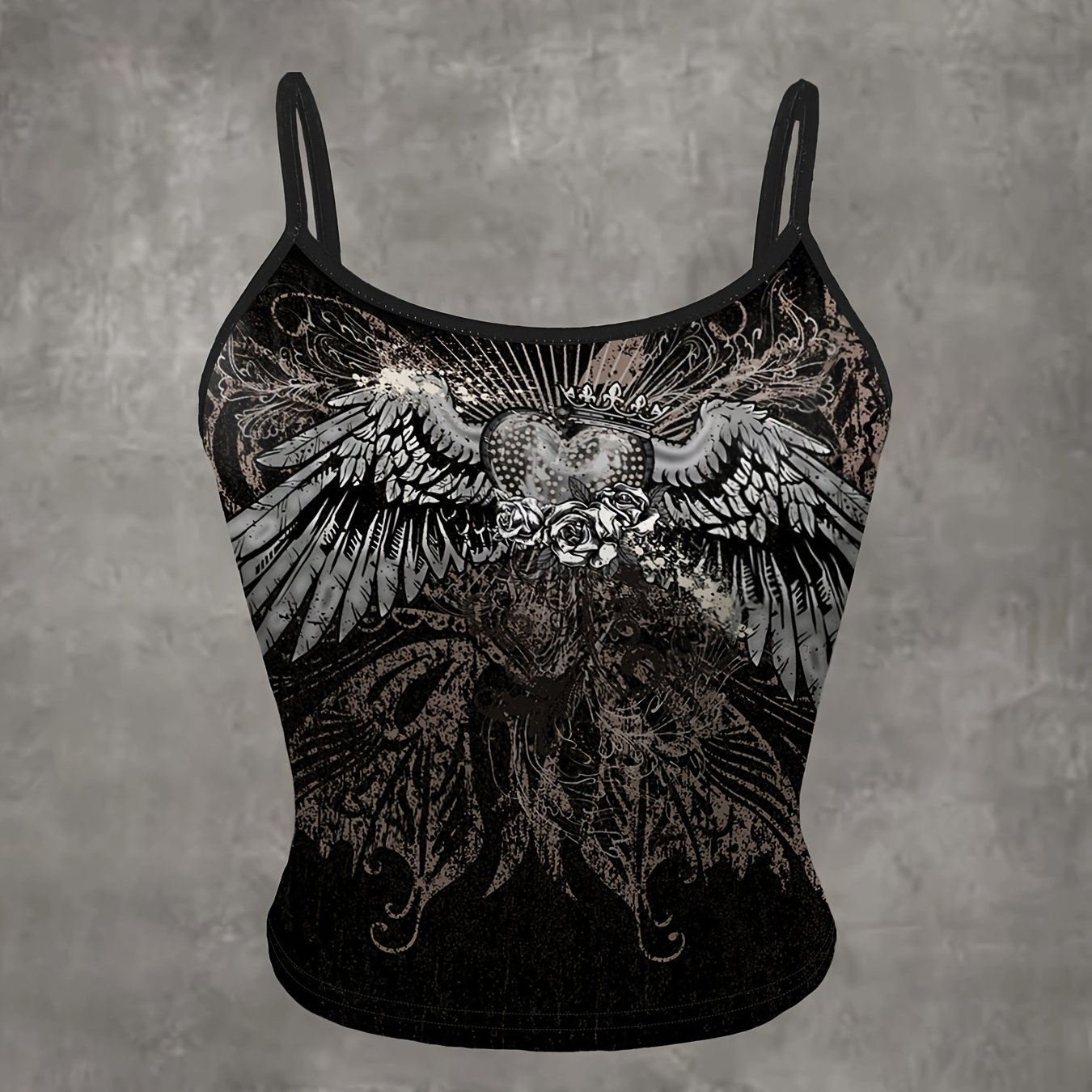 TEMU Y2k Dark Wing & Skull Graphic Print Sleeveless Tank Top - Black Geometric Pattern, Thin Strap Stretchy Fabric, Machine Washable Women's Edgy