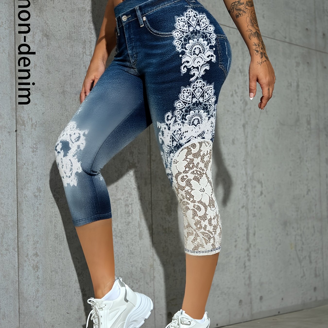 Image of A Stylish And Casual Pair Of Three-quarter Pants Designed For Women, Featuring A Printed Denim Look. Commuting And Versatile Enough For Outfits, With Prints, Pockets, And Lace Trim