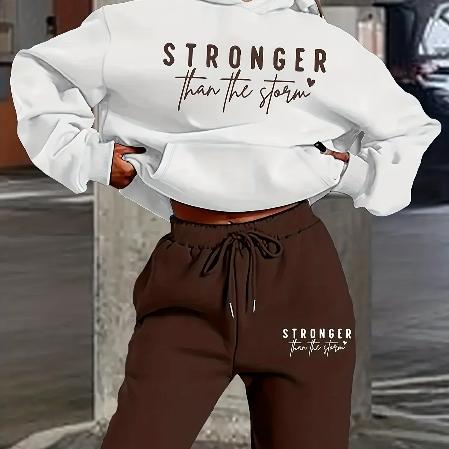 TEMU Women's Casual 2pcs Set - "stronger Than " Letter Print Hoodie & Pants, White, Loose Fit With Pockets, Perfect For Fall/winter, Comfortable