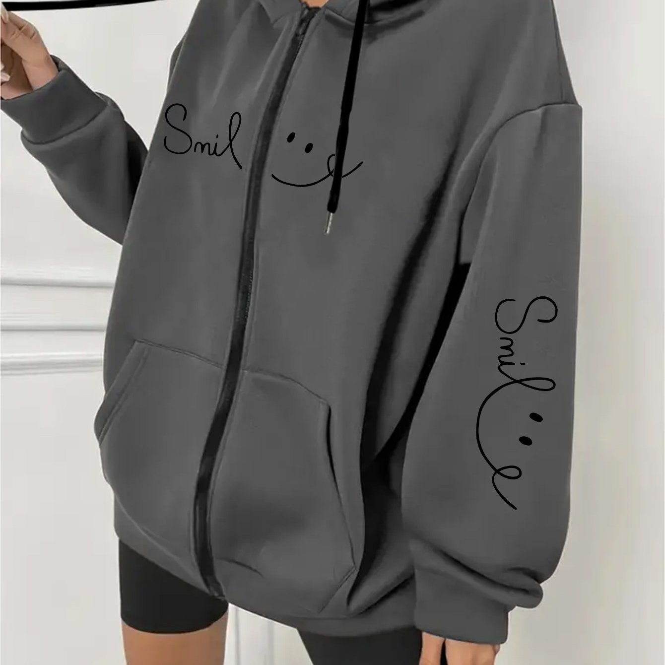 TEMU Plus Size, Plus Size Women's Casual Fall/ Winter Monogram Print Sweatshirt, Long-sleeved Pocket Hooded Zip Jacket, Women', Hoodie