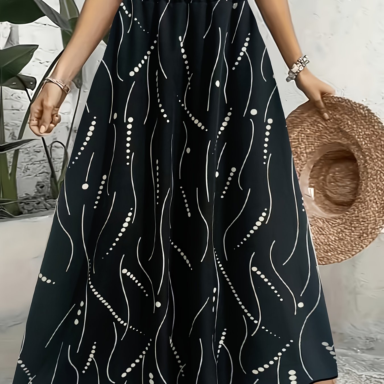 TEMU Plus Size, /summer Plus Size Women's Elegant Contrast Print A-line Elastic Waist Long Beach Skirt