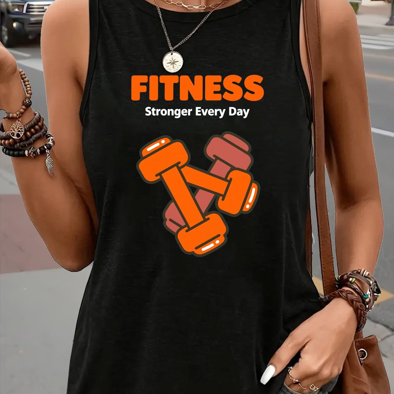 TEMU 1pc | Casual | Women's Round Neck Sleeveless Tank Top, , "fitness Stronger" Print, Essential For Workout Wear