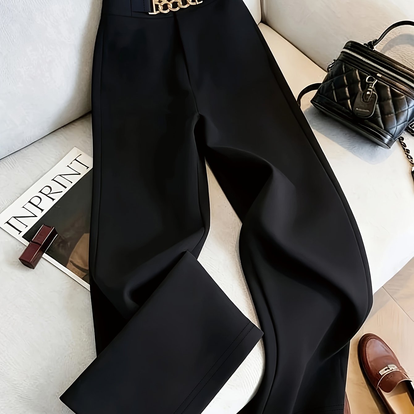 TEMU A Women's High-waist Wide-leg Pants With Decorative Metal Buttons, Stretchy Solid-color Trousers, Elegant Office Business Attire, Suitable For