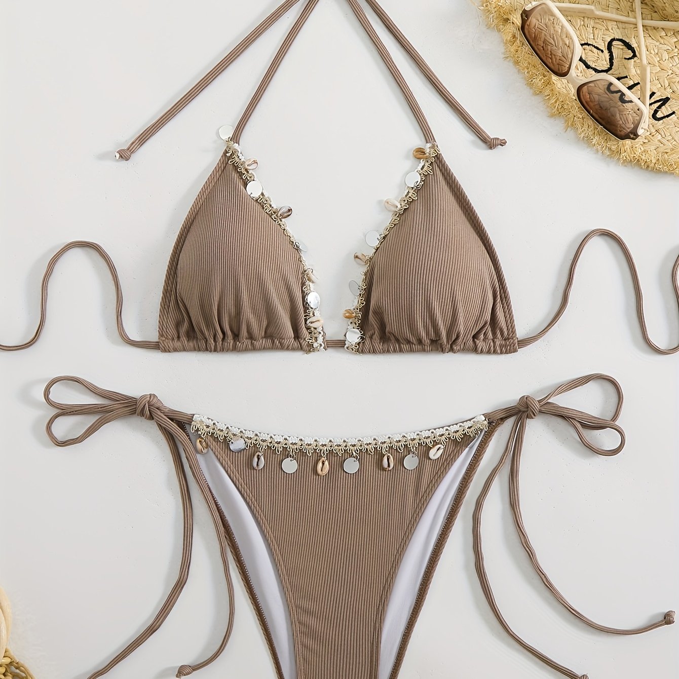 Image of Women's Fashion Solid Color Special Fabric Ribbed Separated Bikini Swimsuit, Tie String Bottoms, Beach Swimwear