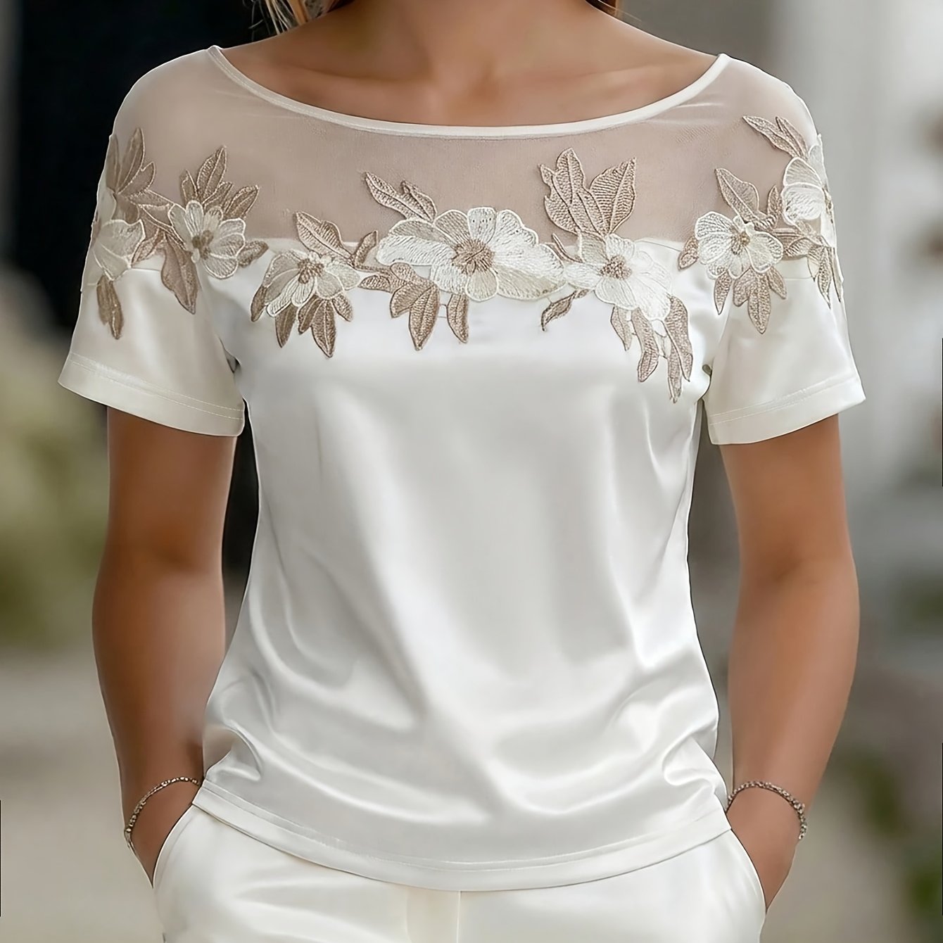 TEMU Women's T-shirt Spring/summer Big Round Neck Gauze Embroidery Casual Versatile T-shirt Elegant Style Loose Temperament Top