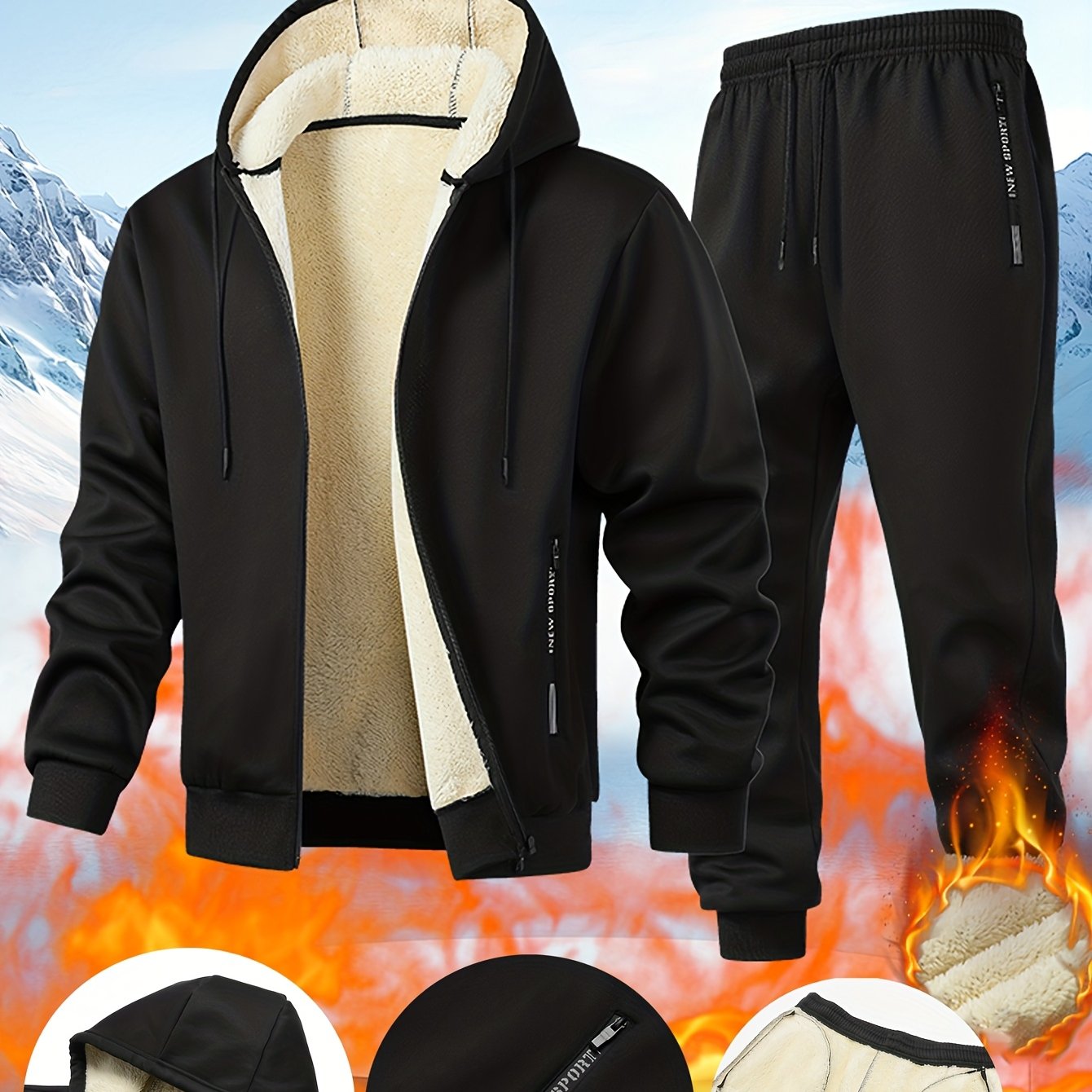 TEMU 2pcsc Men's Autumn Winter Hooded Casual Set Outdoor Solid Color Cardigan Jacket 2pcs Set