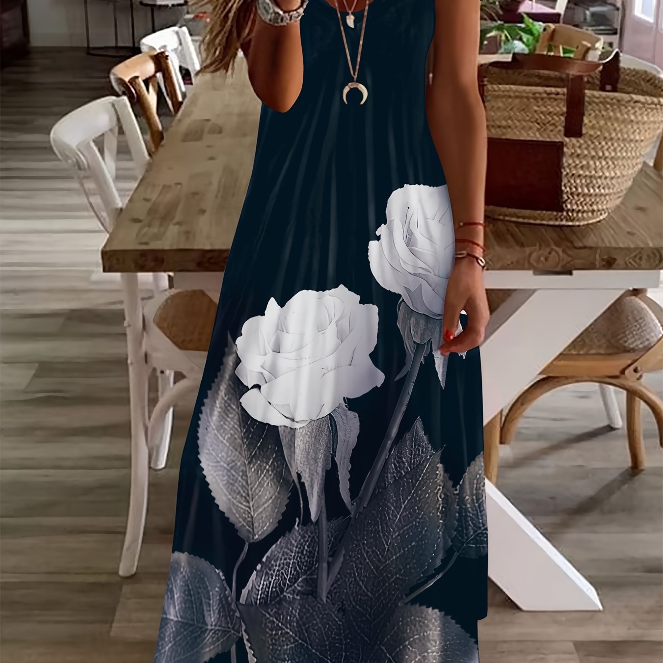 Image of Black And White Rose Print V-neck Long Sleeve Dress