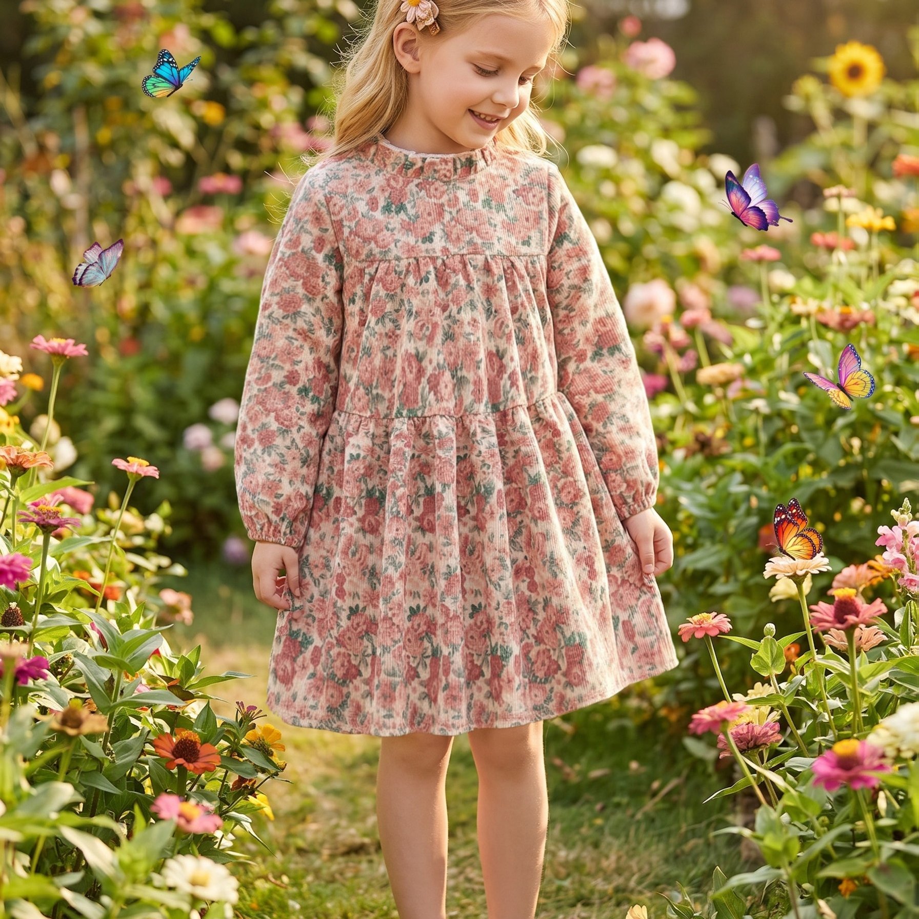 Image of Girls' Fashion Loose Retro Floral Ruffle Collar Long Sleeve Corduroy Dress For Autumn And Winter Casual Outdoor Wear, Suitable As A Holiday Or New Year Party Gift
