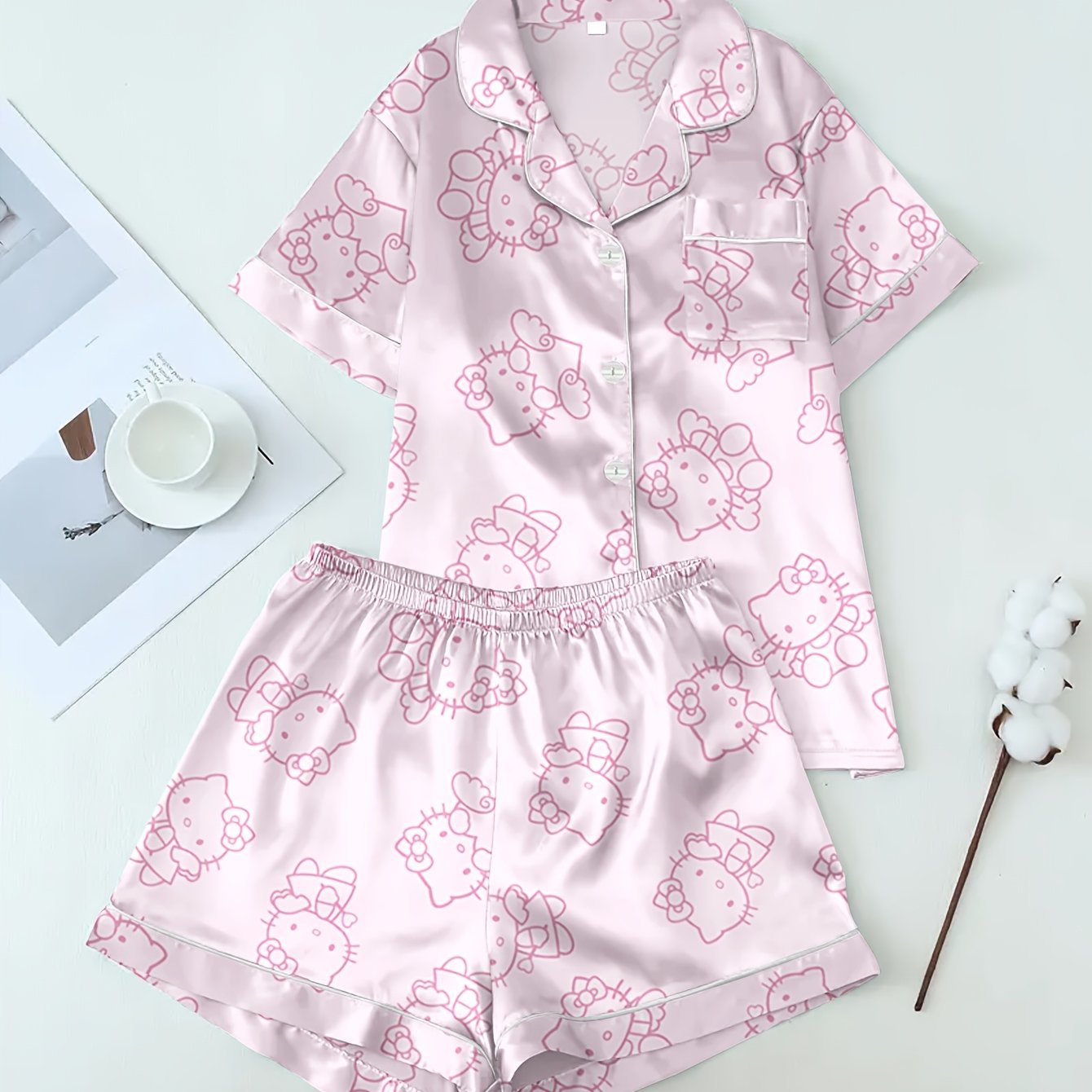 Hello Kitty Set With Shorts, Short Sleeves, And Button-front Satin Pajamas