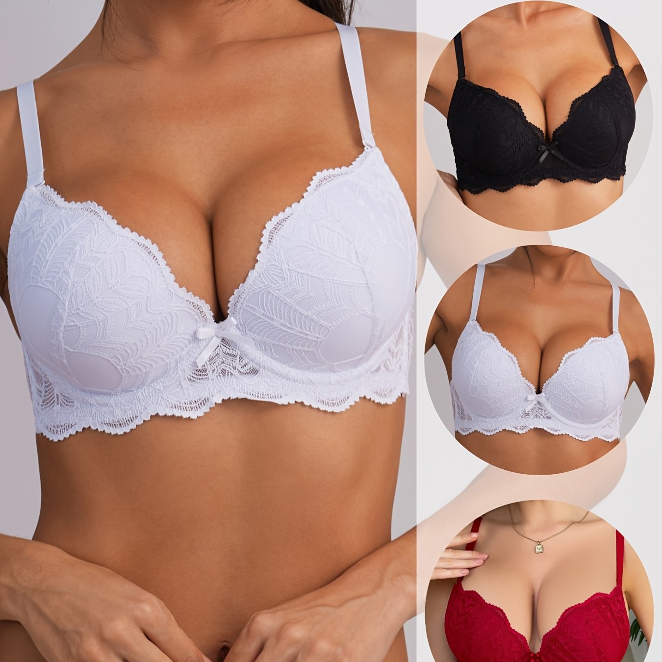 3pcs Contrast Lace Sexy Push-up Bra With Underwire For Women, Anti-sagging Support