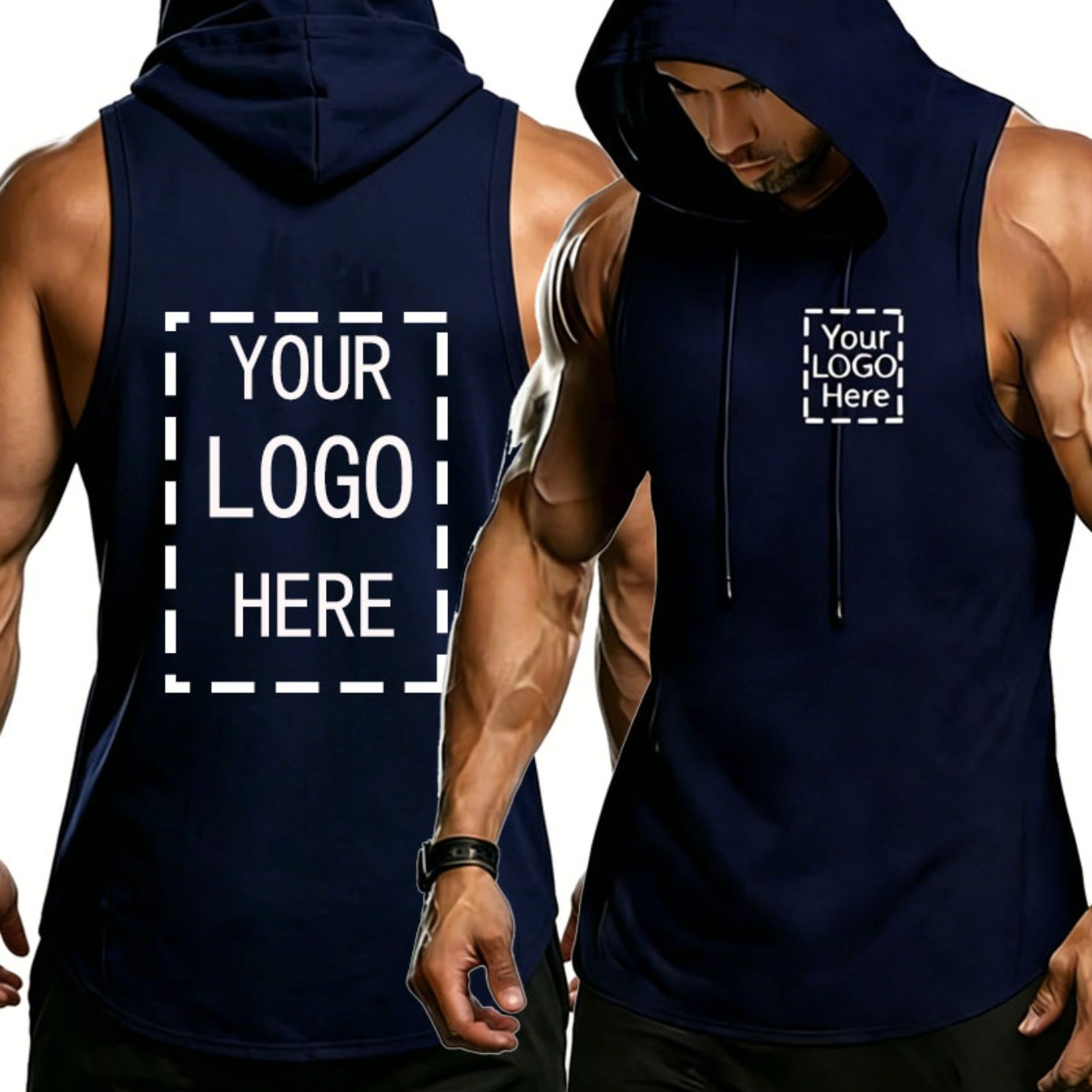 TEMU Customizable - Men's Sleeveless Hooded Vest, Logo Print, Quick-dry Fashion Hooded Sweatshirt, Summer Athletic Top, With Drawstring Hood,
