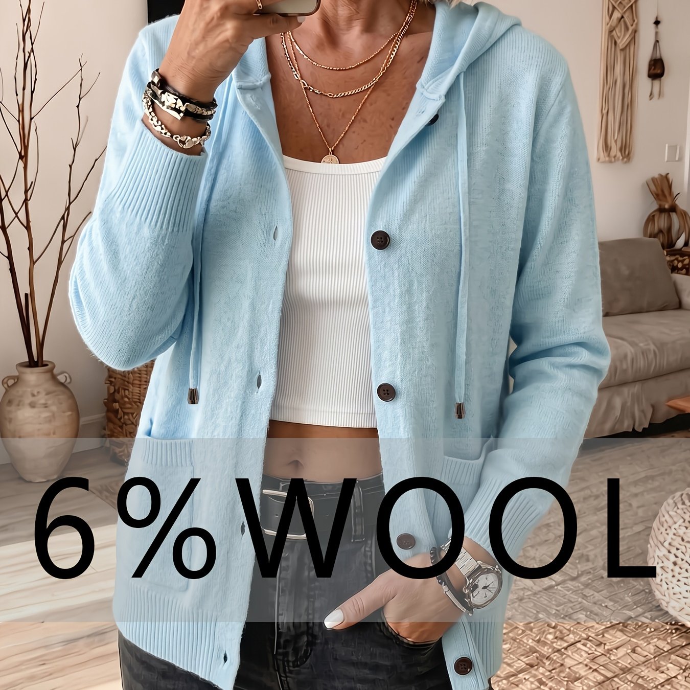 TEMU Women's Casual Hooded Sheep Wool Needle Cardigan, Loose Off-shoulder Oversized Long-sleeve Soft Sweatshirt, Full-body Coverage Loose Fit