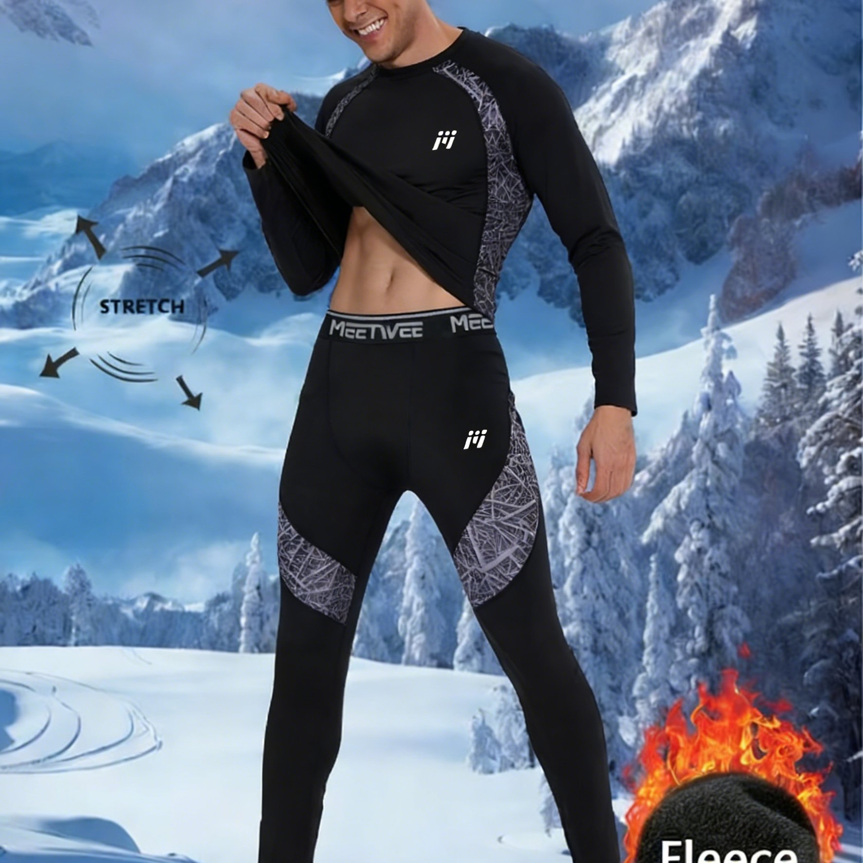 Image of 2pcs Men's Thermal Underwear Set | High-stretch Long-sleeve Top And Fitted Long Pants, Moisture-wicking, Suitable For Hiking, Skiing, And Cold Weather, Winter Thermal Leggings, Winter Clothing