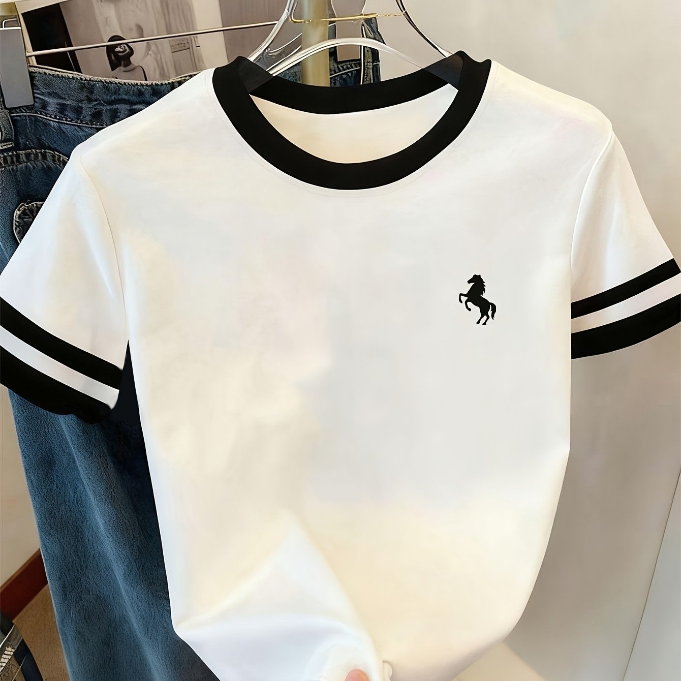 TEMU D345 - Damen Kurzarm T-Shirt mit Pferdedruck, Streifen Kontrastfarben, Rundhals, Neues Sommer Casual Vielseitiges Shirt für Pendeln, Urban Wear,