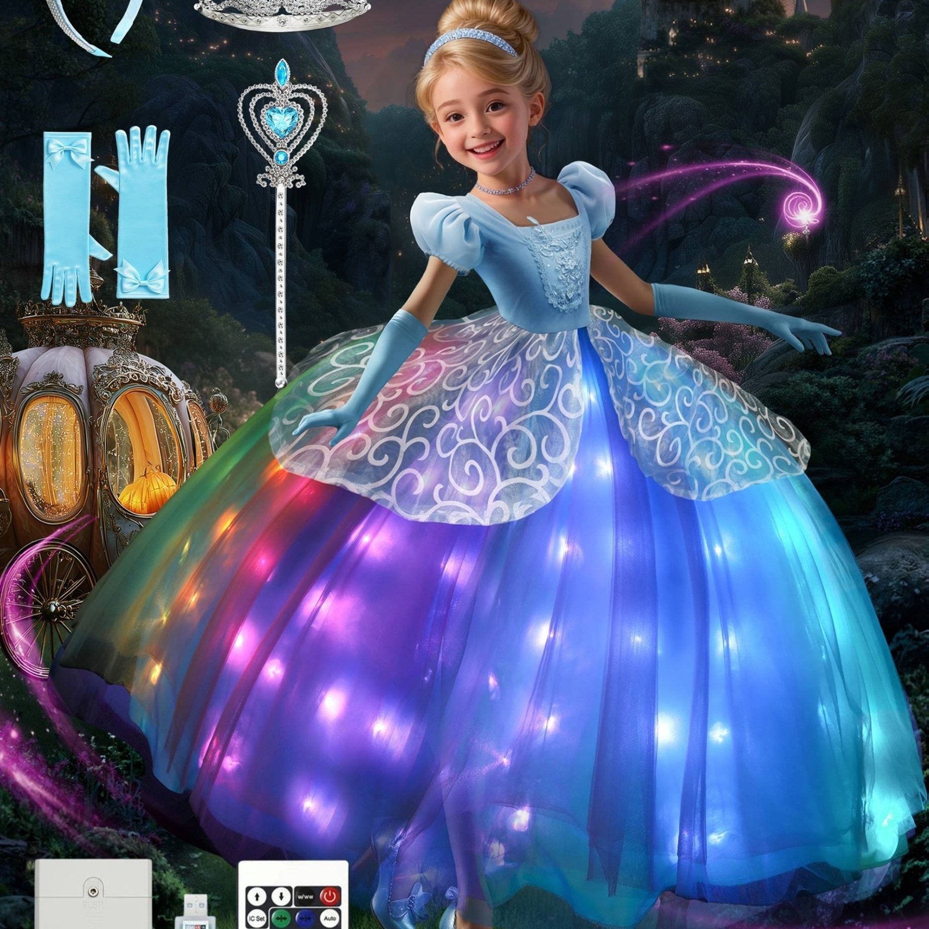 TEMU Princess Dress Up Costume For Girls, Led Light Up Girls Halloween Christmas Costume For Kid Dress Up Clothes For Birthday Party, App-controlled