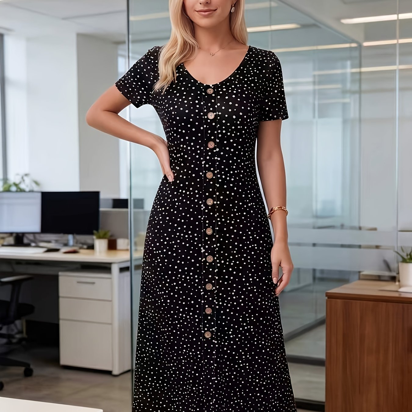 TEMU Elegant Summer -neck Button Waist-cinching Women's Dress, Floral Bohemian Floral Long Dress V-neck Spring Dress, Valentine's Day Dress, Faux