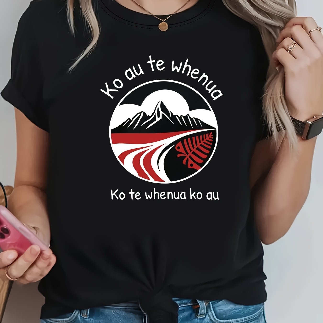 TEMU Women's T-shirt, Maori "ko Au Te Whenua Ko Te Whenua Ko Au" (i Am , ) New Zealand Cultural Letter Print, Black Short-sleeve Crewneck Printed