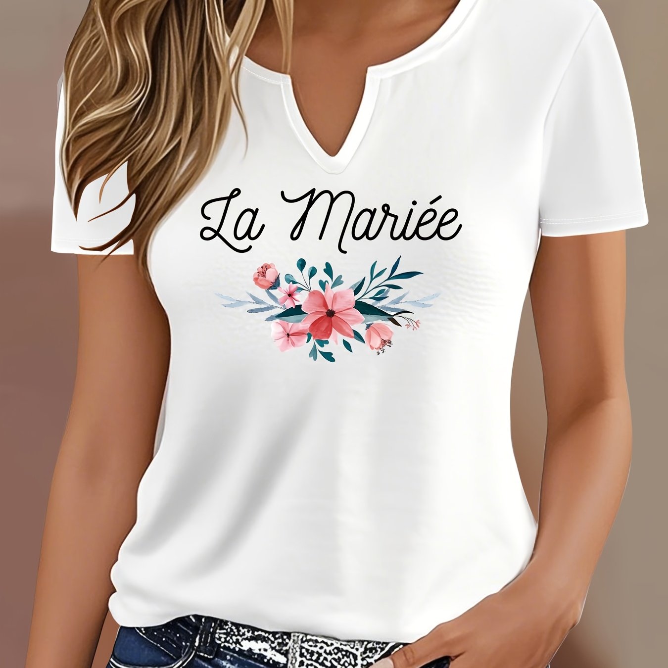 TEMU T-shirt tendance pour femmes, nouveau modèle à double col en V et imprimé