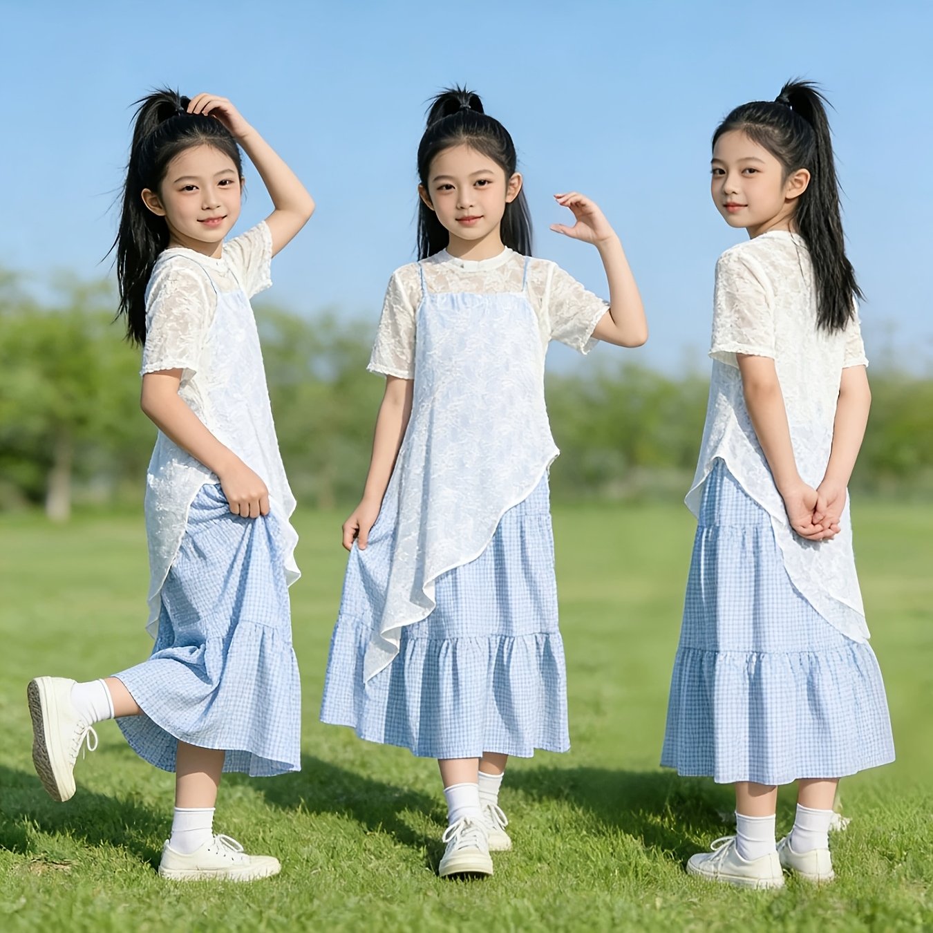 Girls' Summer New Lace Spliced Dress Suit Stylish Two-piece Set