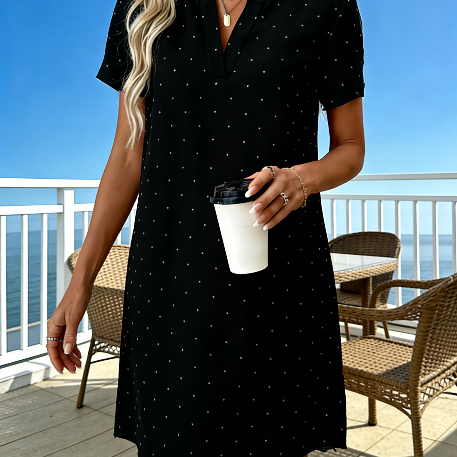 E-shop Damen Sommerkleid Schwarz mit weißen Punkten V-Ausschnitt Casual Bürokleidung Mittellang