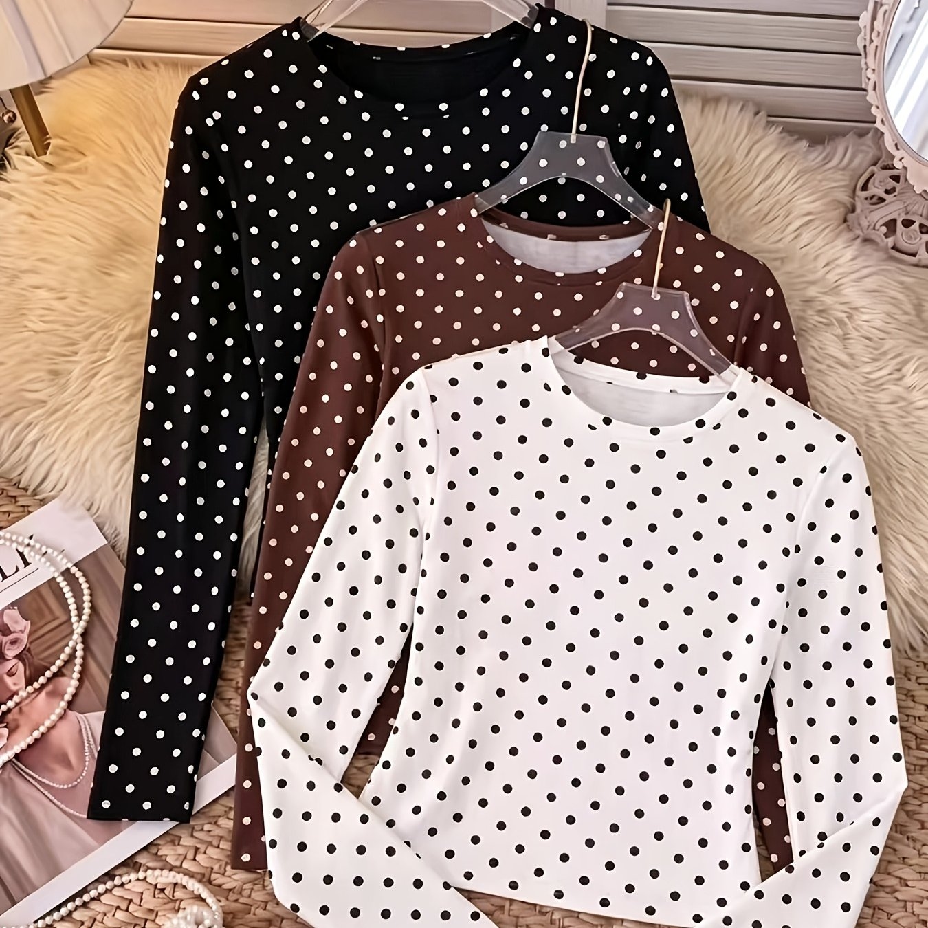 TEMU [3pcs Set Of V Autumn/winter T-shirts] Women's Fashion Polka Dot Round Neck Casual Fitted Long Sleeve T-shirt. . Suitable For Daily Wear,