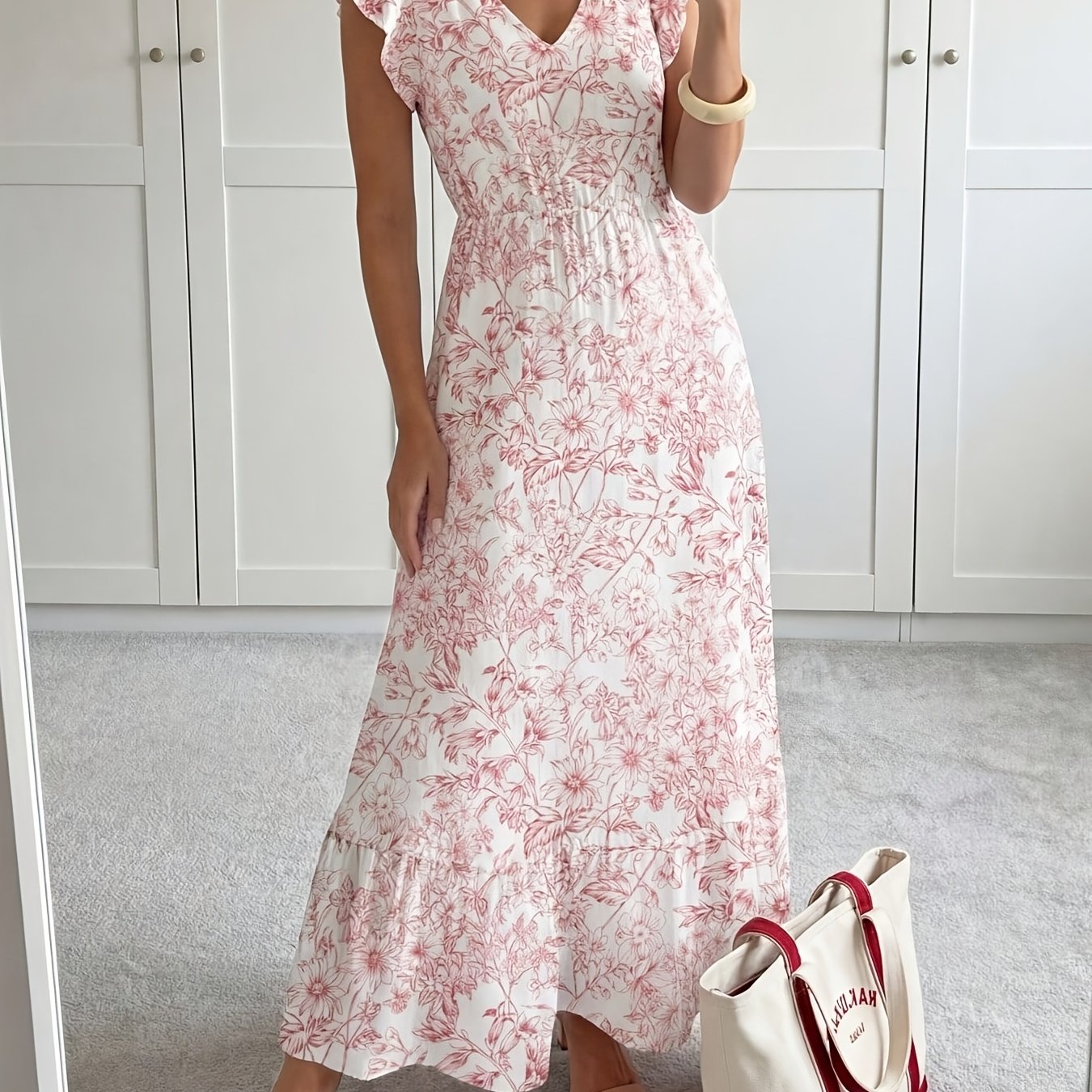 TEMU Robe longue trapèze à volants et imprimé floral avec col en V et manches boutonnées, idéale pour les vacances décontractées air, vêtements