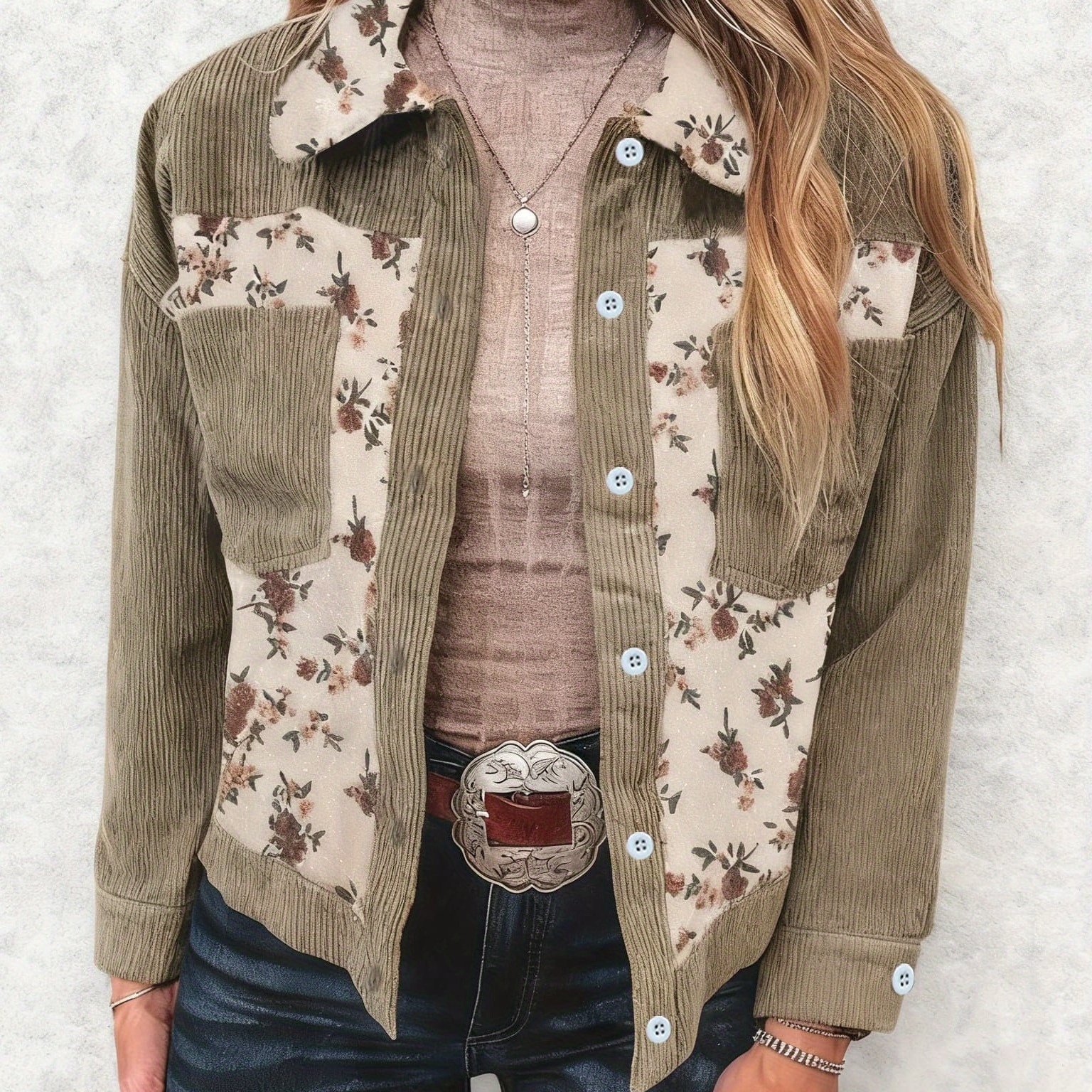 E-shop Damen Vintage Olivgrün Cordjacke mit Kragen & Fronttasche – Kurze Blazerjacke für Herbst/Winter, Maschinenwaschbare Freizeitjacke für & Partys