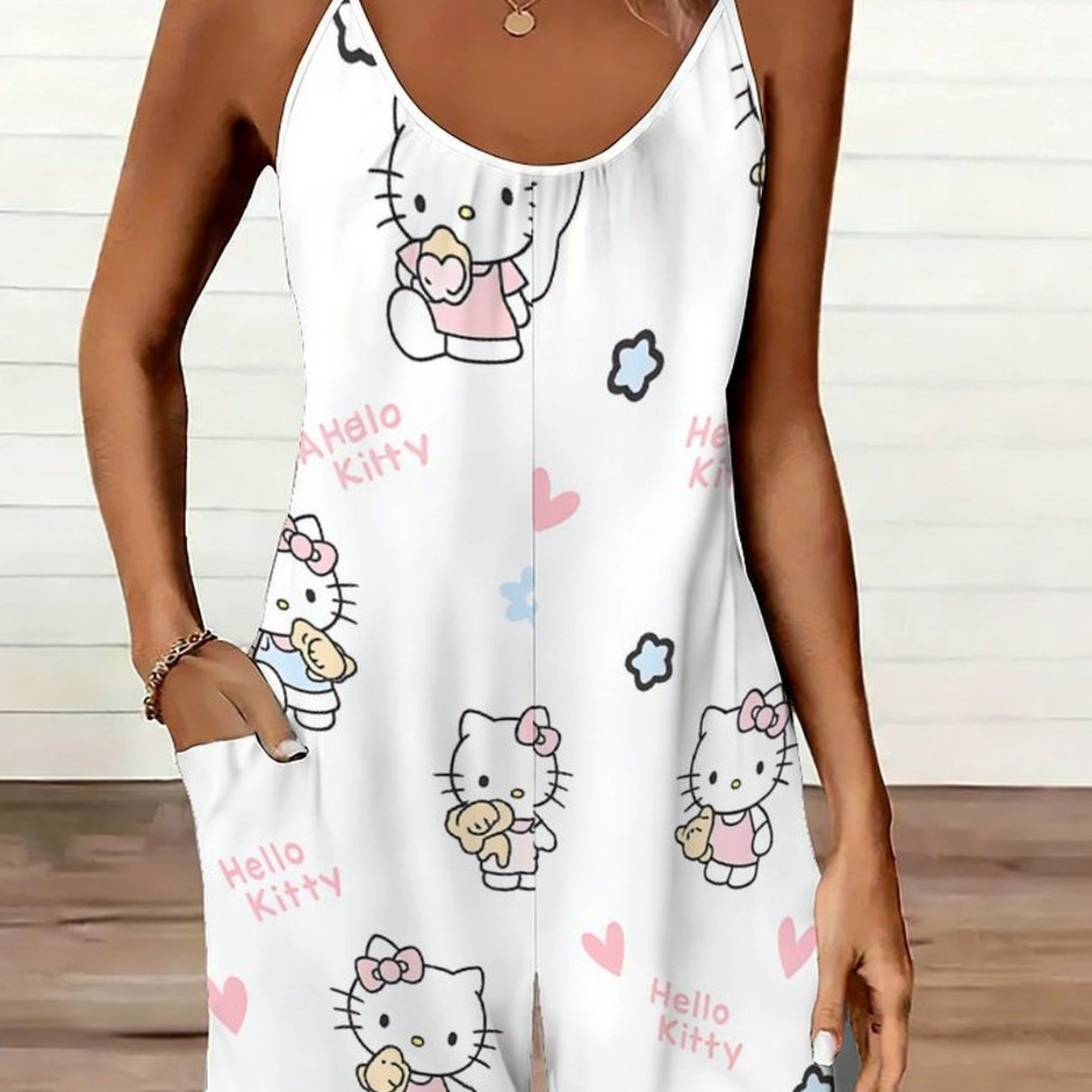 Image of Women's Fashion Casual Hello Kitty Cartoon Pattern Camisole Casual Sleeveless Pocket Shorts Standard Size Jumpsuit