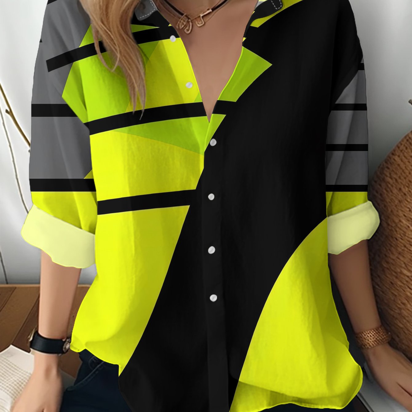 TEMU Yellow, Black, And Grey Geometric Design Fashionable Shirt