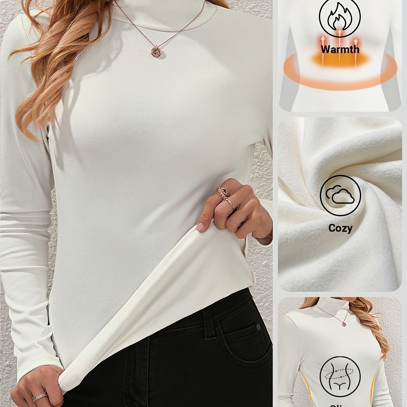 Plush Thickened Autumn And Winter Women' Color Warm T-shirt White High Collar Plush T-shirt