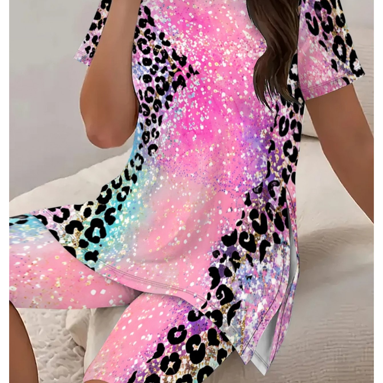 TEMU Plus Size Women Matching Set, Long Split Top With Gradient Glitter Spliced Black Print& Matching Shorts, Loose Beach Cover Up Outfit For