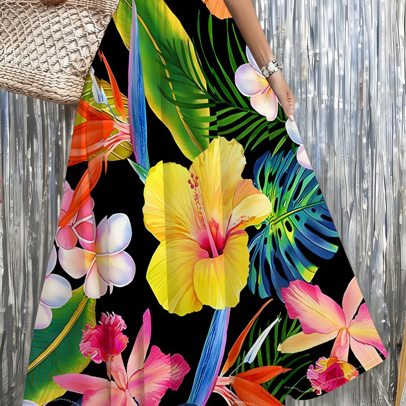 TEMU 1pc Tropical Floral Print Maxi Skirt, Beach, Vacation, Outdoor, And Casual Wear, Featuring Vibrant Hibiscus And Leaf Patterns, Lightweight &