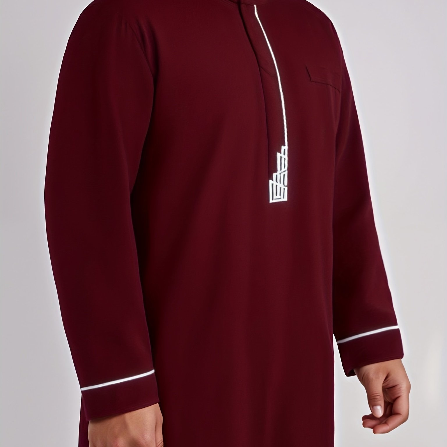 Image of Men's Middle Eastern Thobe - Burgundy Robe With White Embroidered, Stand Collar & Long Sleeves | Arab Traditional Clothing For Ramadan, Eid & Casual Attire