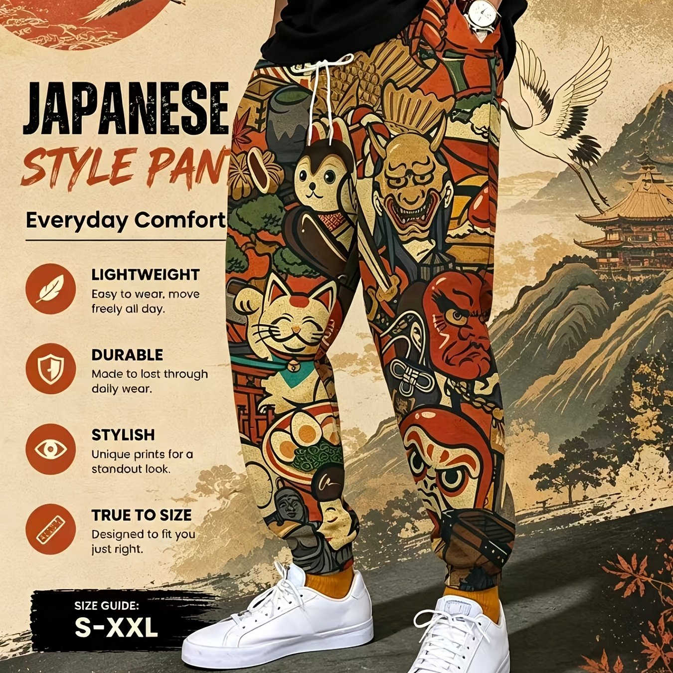TEMU Men's Trendy Harajuku Style Casual Pants With Japanese Cat & Oni Mask Prints Loose Fit Joggers Streetwear Trousers||