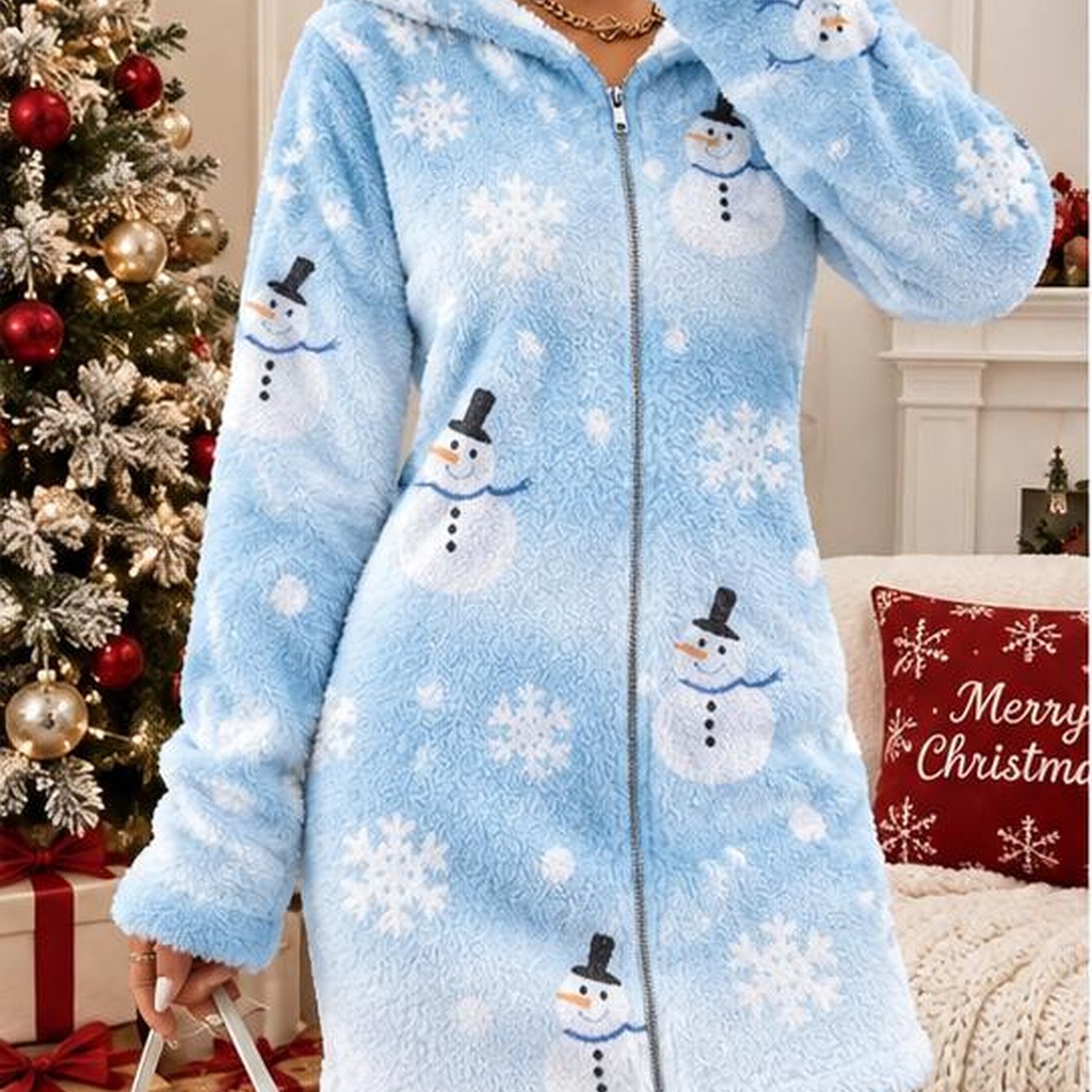 Image of Plus Size Women's Elegant Hooded Plush Lazy Zipper Nightgown/robes Fuzzy Blue Christmas Snowman Print Hooded Nightdress For Women Stylish And Cute, Warm For Autumn/winter