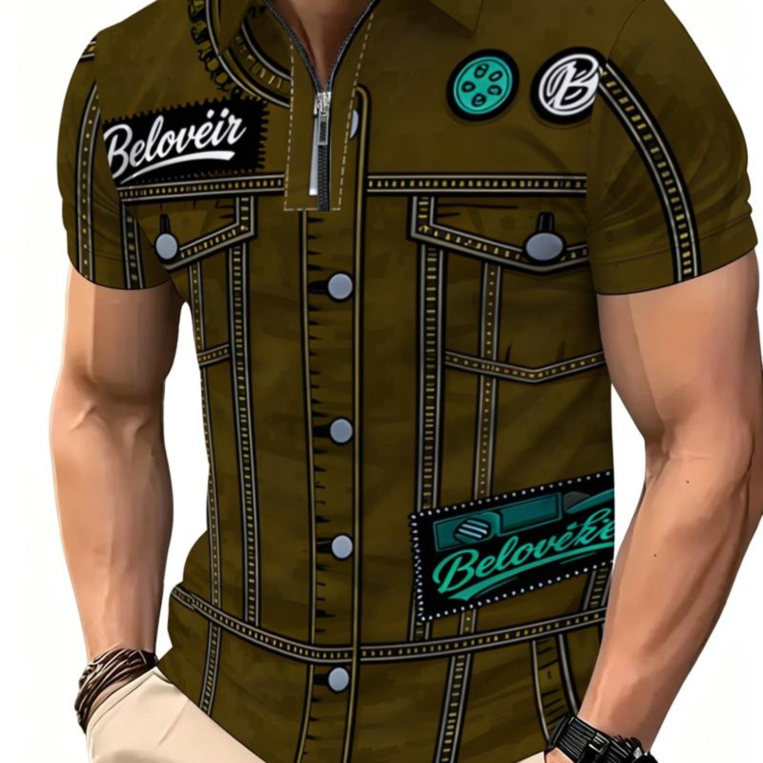TEMU Men's Fashion Shirt, Mixed Color, Multiple Sizes, Polyester, Stylish Brown Jacket Illustration, Zipper & Button , Stitched Front Pockets, Unique