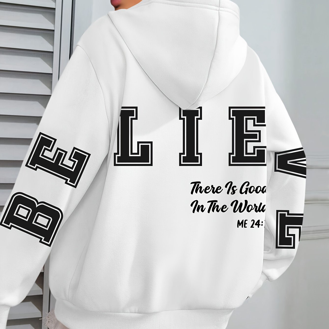 TEMU Plus Size, Plus Size Believe Print Hoodie Sweatshirt, Casual Long Sleeve With Pocket Hooded Sweatshirt For Winter & Fall, Designed For Women,