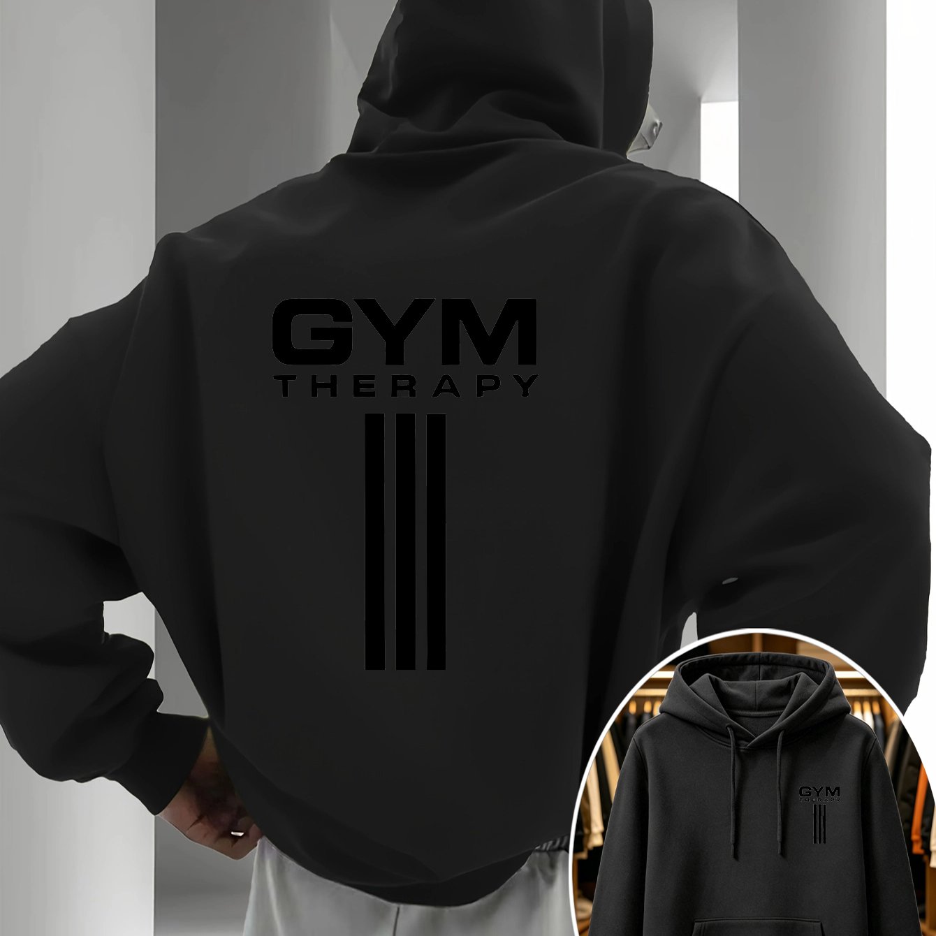 TEMU Men's Trendy Printed Casual Hooded Sweatshirt - Gym Relax Vertical Fitness Text Double-sided Graphic Print Regular Fit - Front Kangaroo Storage