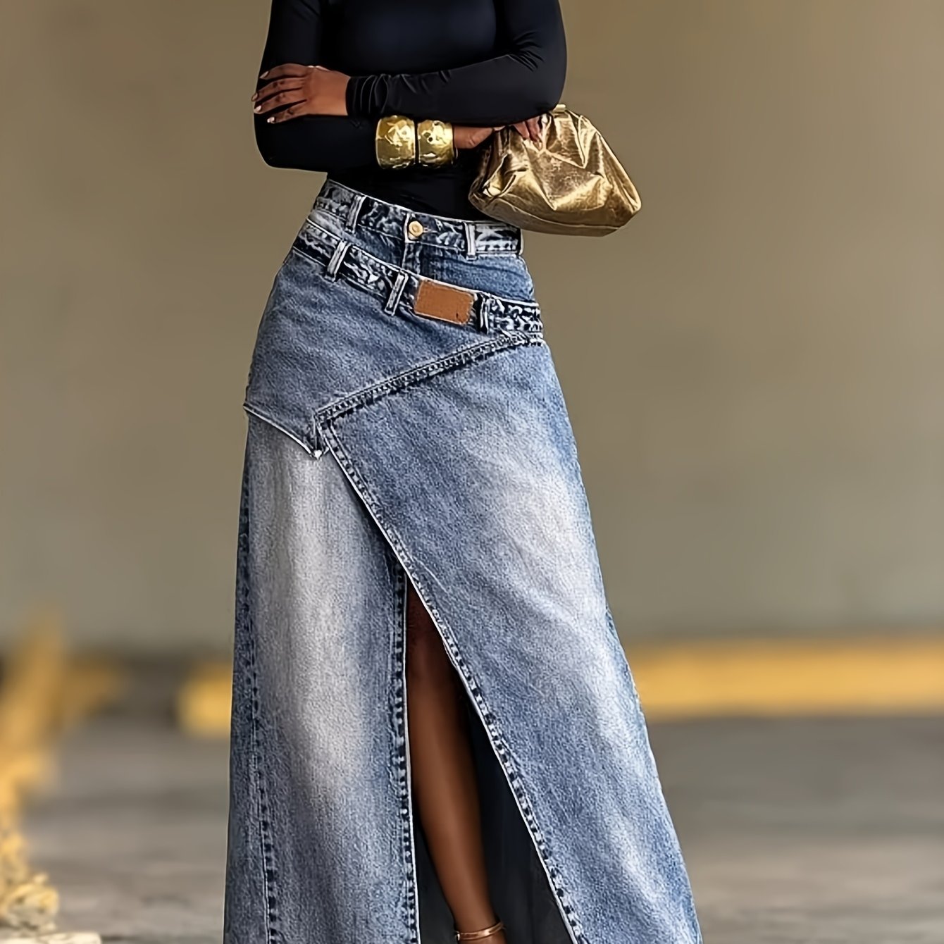 Women's High Waist Denim Midi Skirt, A-line Asymmetric Slit Hem Washed Distressed Skirt, Non-stretch Loose Fit Street Style & Versatile