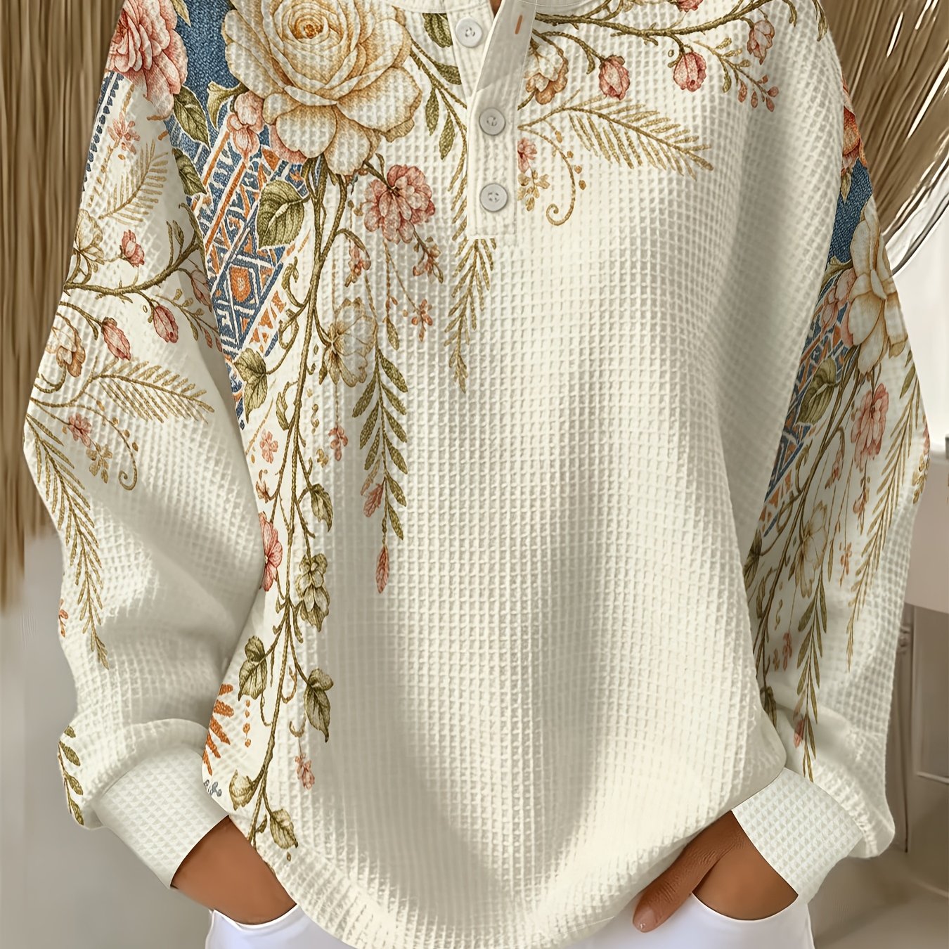 TEMU Women's Waffle Henley Collar Button-up Long Sleeve Top, Vintage Ethnic Style Floral Botanical Print Pullover