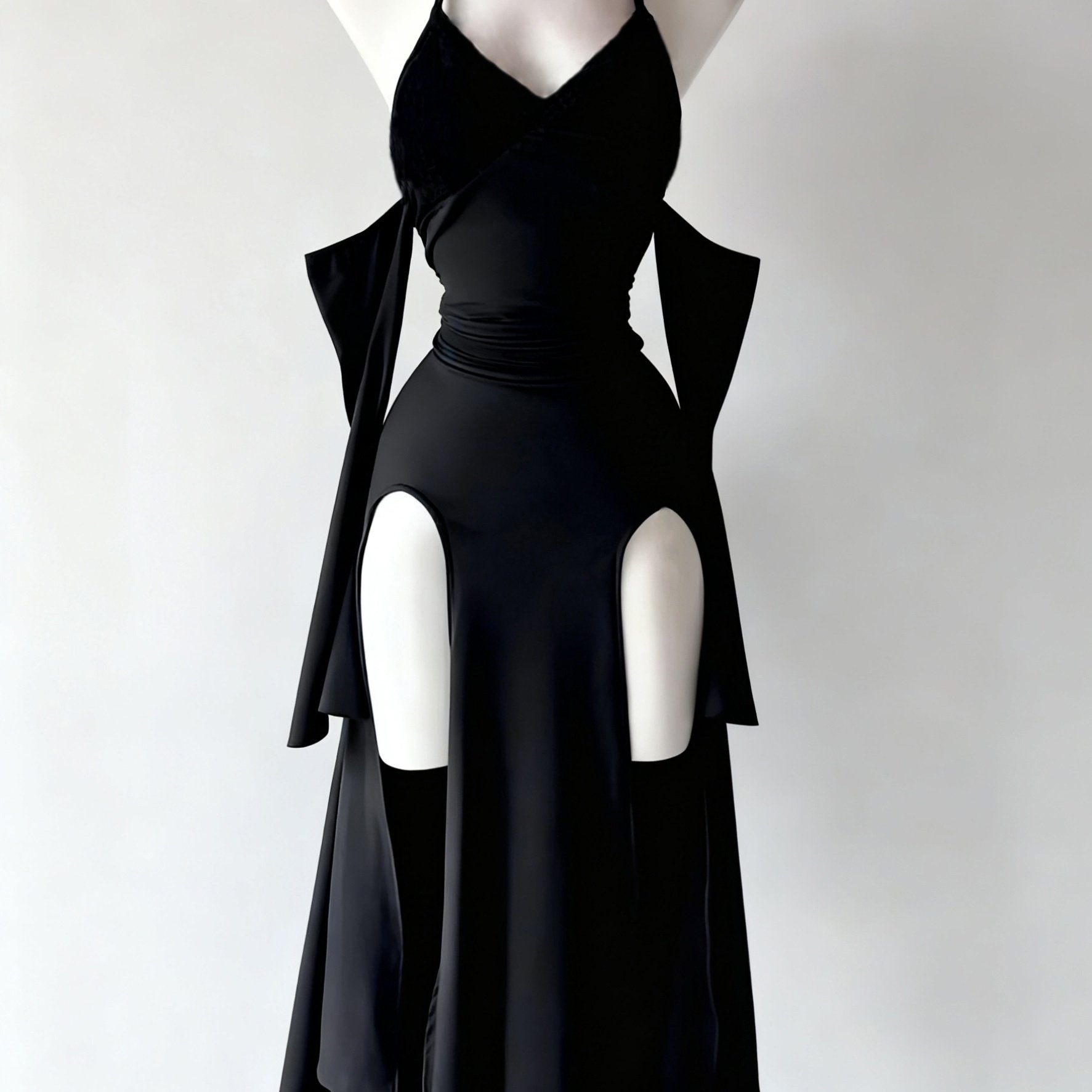 E-shop Trägerkleid im dunklen Gothic-Stil mit Neckholder, hohem Schlitz Cut-Out-Design, Nischen-Hot-Style, einzigartiges Outfit-Stück