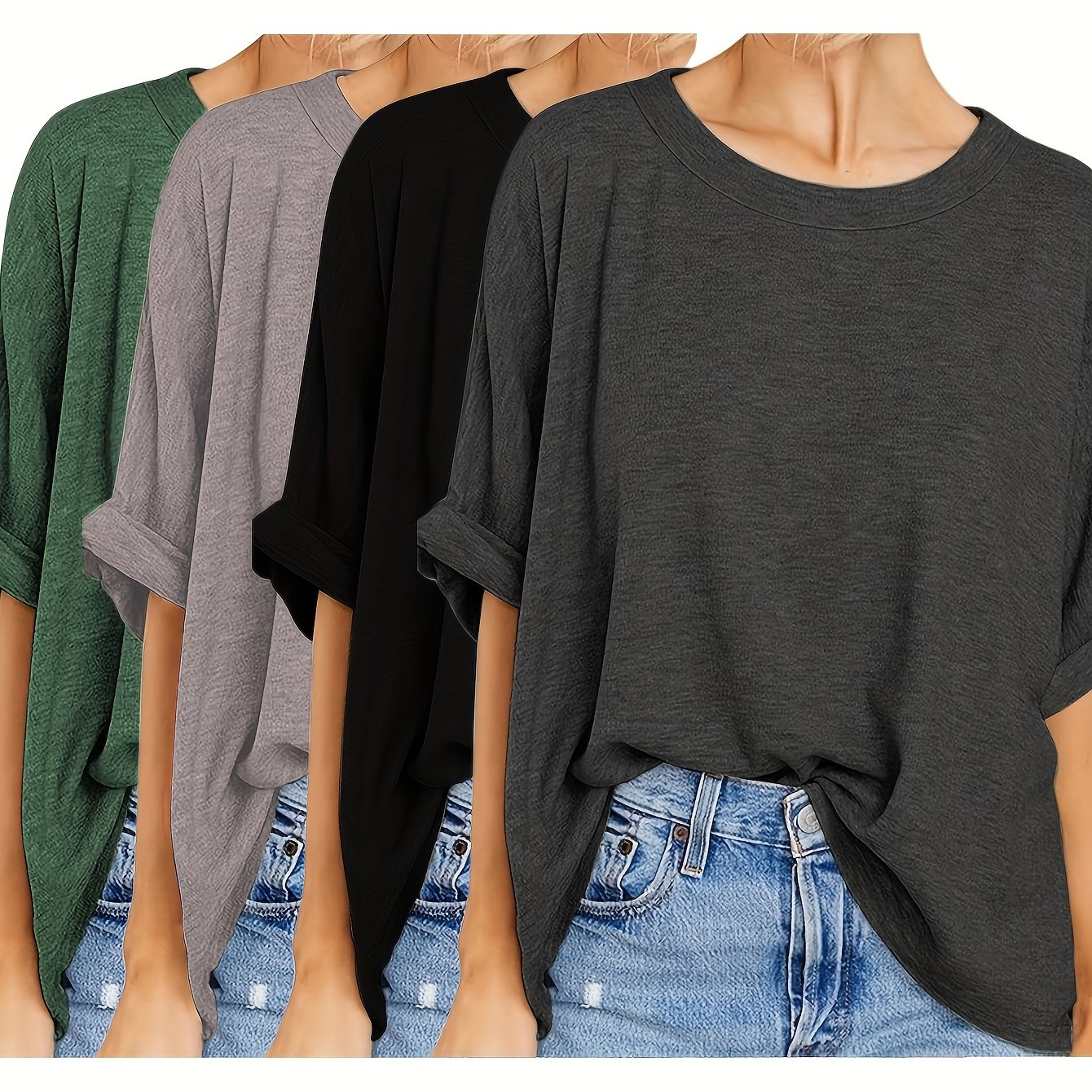 Plus Size - Plus Size - 4pcs Set Plus Size Women's Loose T-shirt Spring Summer Casual Comfortable Short Sleeve Top