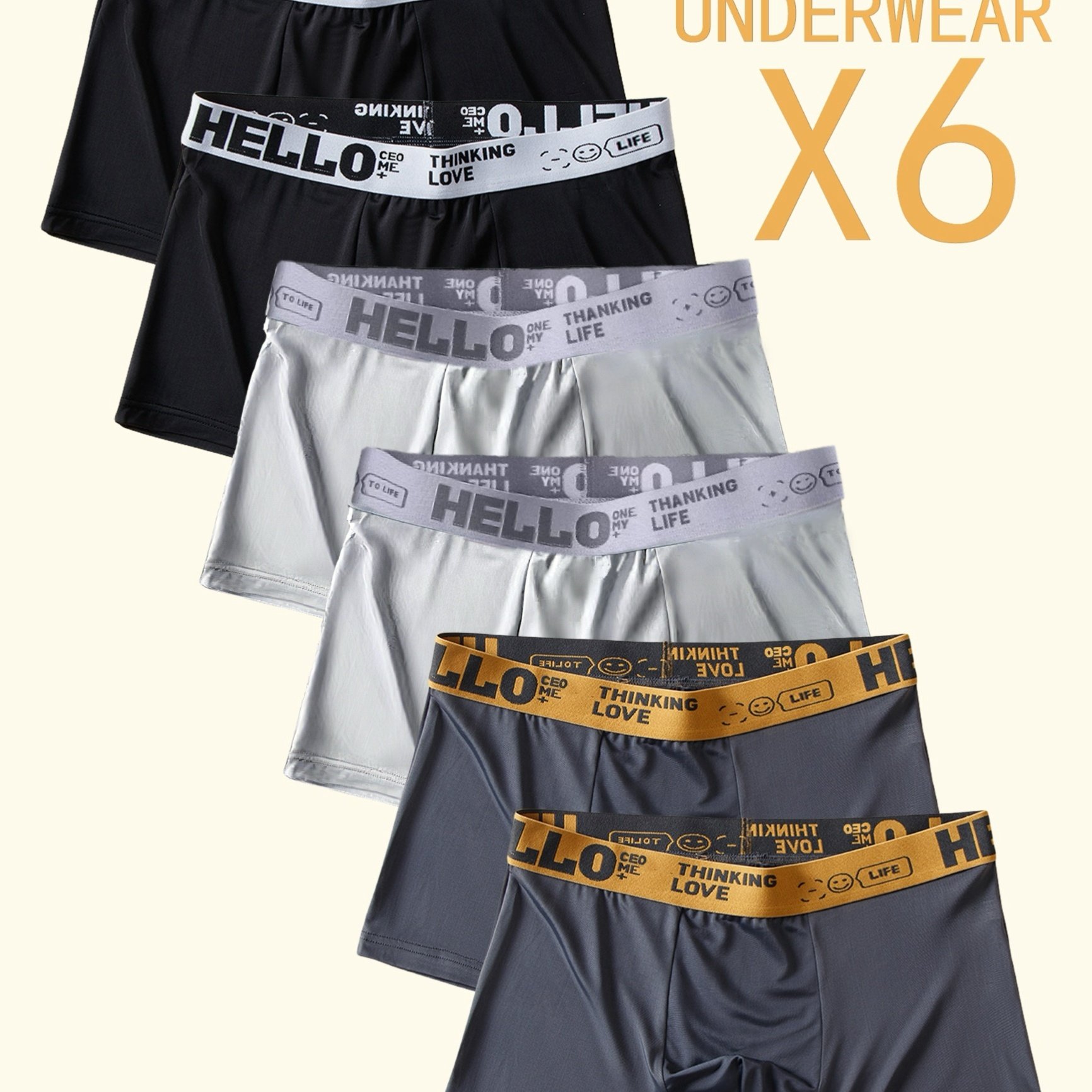E-shop 6er-Pack "Hello" Bedruckte Herren Boxer Unterhosen - Atmungsaktiv, Stilvoll, Bequeme Sportunterwäsche, Schnelltrocknend, Hochelastische