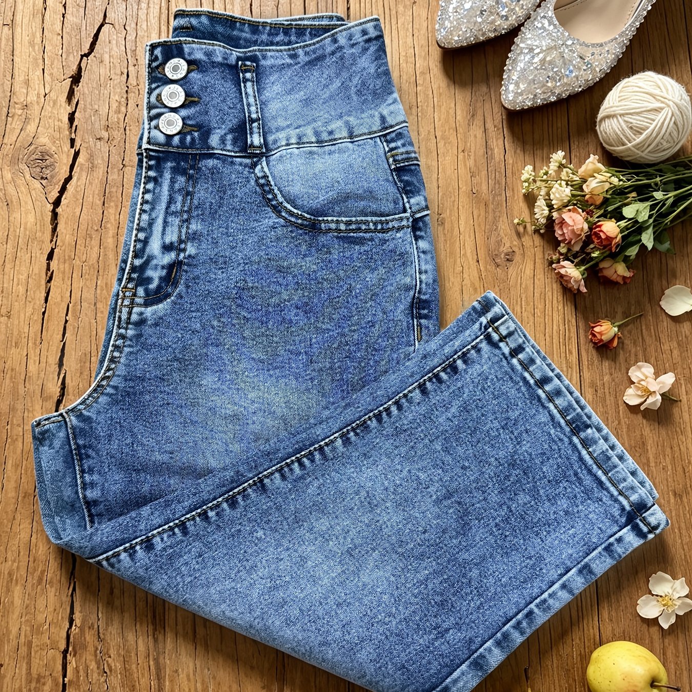 Fried Snowflake Elastic Three-row High-waist Hip-lifting -point Pants Denim Jeans