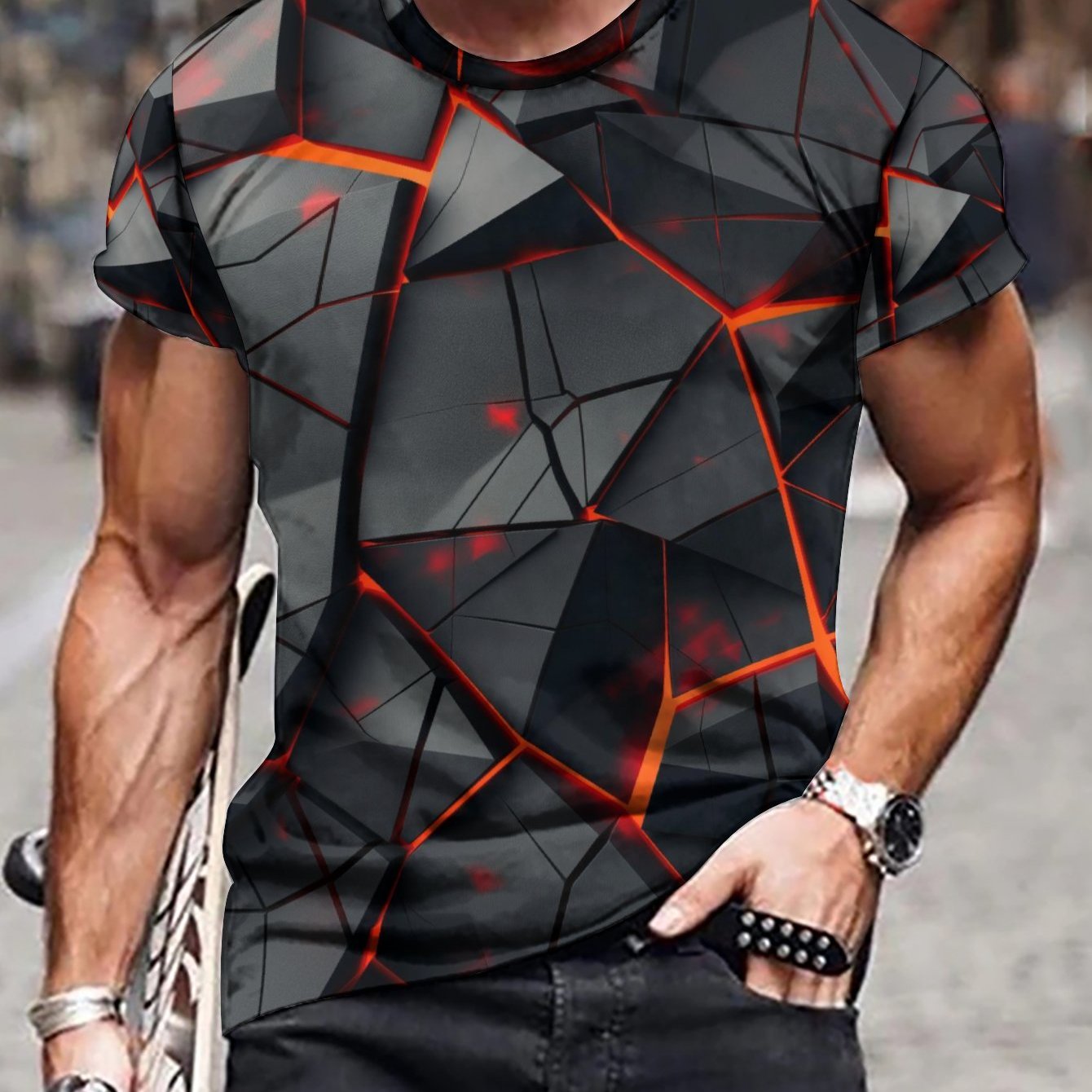 TEMU Men's 3d Digital Split Geometric Graphic Print Crew Neck And Short Sleeve T-shirt, Leisure Tops For Summer Street And Sports Wear