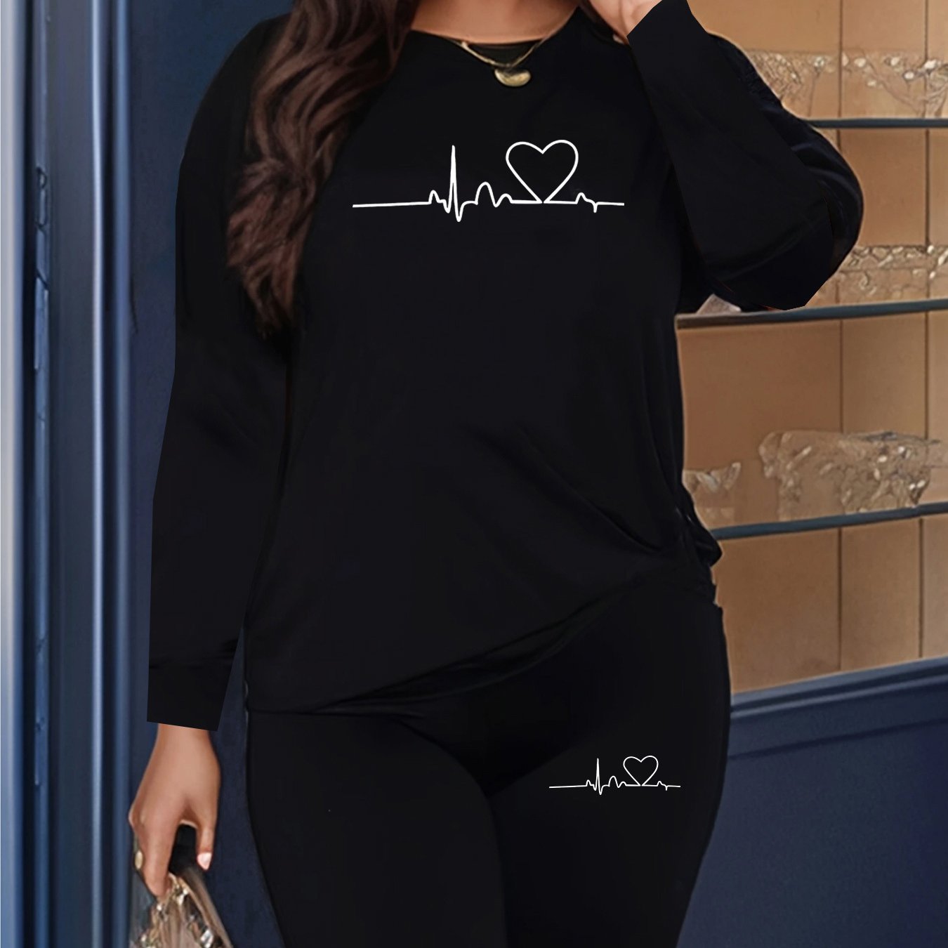 TEMU Plus Size, Plus Size Two-piece Set Casual Round Neck Long Sleeve Top And Pants Outfit For For All Season