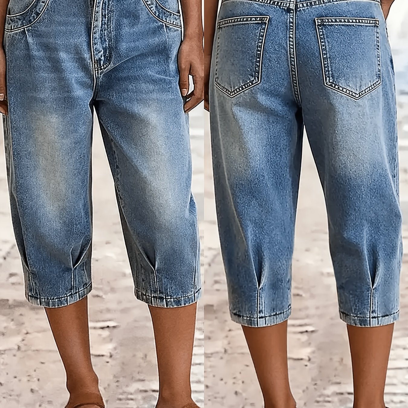 Image of Women's Jeans, Women's Capri Denim Pants, Loose Casual Fit, Leg Detail Design, Washed Denim, Stretch, Machine Washable